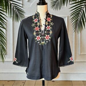Vintage Lily Hand Embroidered Top Navy Floral 34 • Fits S/M